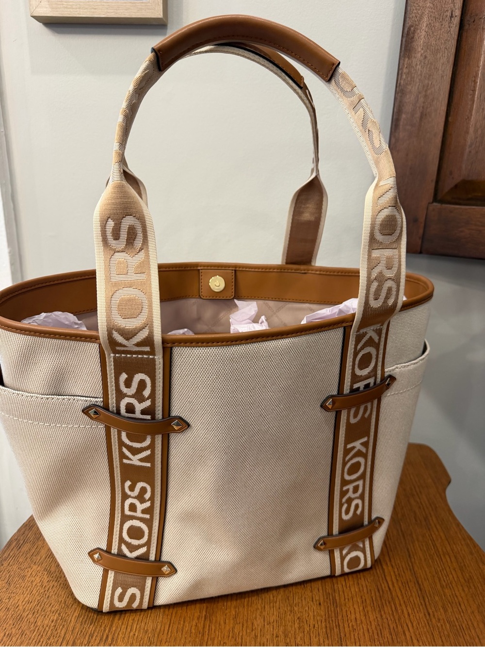 Michael Kors Cream Canvas Tote with Tan Leather Trim - Picture 2 of 5